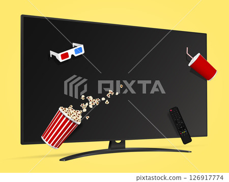 Movie night advertising with smart tv, popcorn bucket, soda cup and 3d glasses 126917774