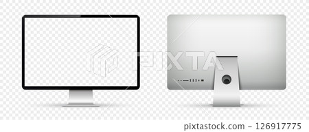 Realistic computer transparent screen mockup. Computer display front and back view on transparent background 126917775