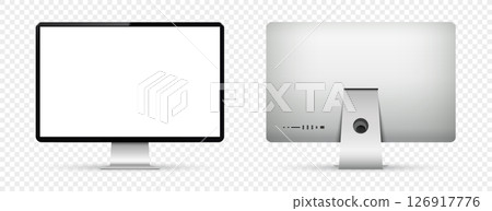 Realistic computer screen mockup. Computer display front and back view on transparent background Realistic computer screen mockup. Computer display front and back view on transparent background 126917776