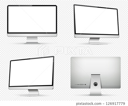 Computer monitor with blank white screen. Front, back and side computer screen isolated on transparent background. 126917779