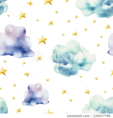Air clouds and golden stars seamless pattern. Watercolor pastel cotton candy. Hand drawn illustration isolated on background. Cartoon night sky. Baby shower design elements. Party invitation, birthday 126917796