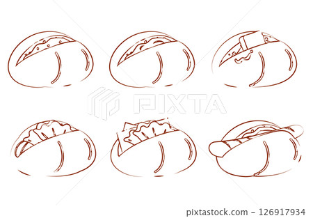 手繪插圖集鹹味麵包和三明治式圓麵包 126917934