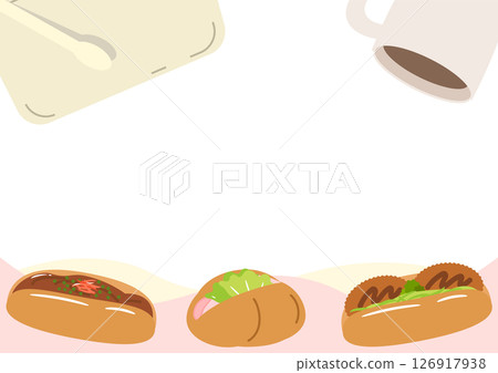 帶有配菜、咖啡和托盤的麵包店框架材料 帶有配菜、咖啡和托盤的麵包店框架材料 126917938