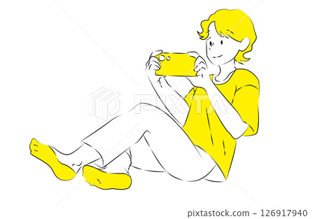 一位放鬆的男士正在享受智慧型手機遊戲的插圖 一位放鬆的男士正在享受智慧型手機遊戲的插圖 126917940