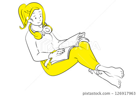 Illustration of a relaxing woman reading a book with headphones on Illustration of a relaxing woman reading a book with headphones on 126917963
