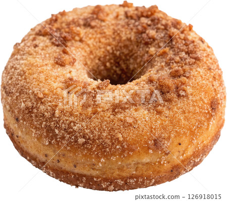 Freshly baked golden brown cinnamon donut with a crisp sugary exterior and a soft doughy interior 126918015