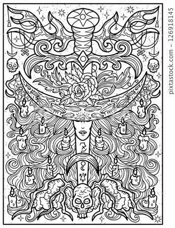 Fantasy engraved illustration with sword and decorated elements for tattoo, print, tarot cards. Vector line art graphic for coloring page. Gothic, epic and vintage concept with mystic symbols 126918145