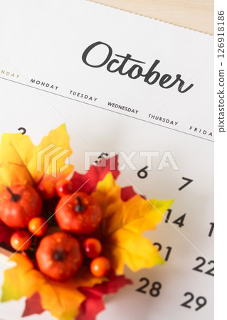 Calendar October harvest and autumn leaves 126918186