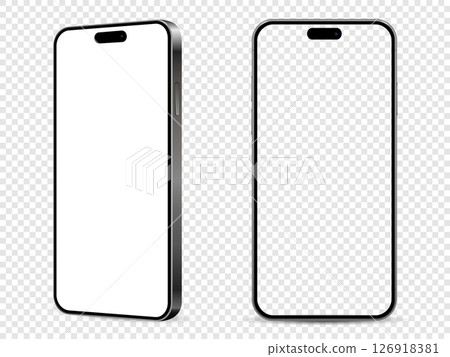 Mockup of mobile phone. Front and side view with white and empty screen on transparent background. 126918381