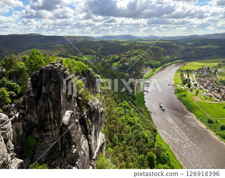 May 2025. View from above on the Elbe River and cliffs. Saxon Switzerland. Editorial 126918396