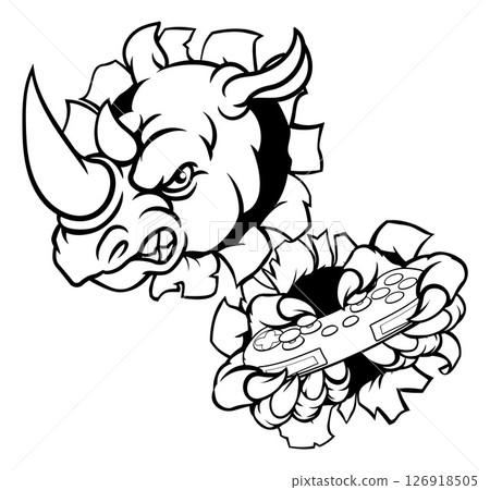 Rhino Gamer Mascot Holding Controller Rhino Gamer Mascot Holding Controller 126918505