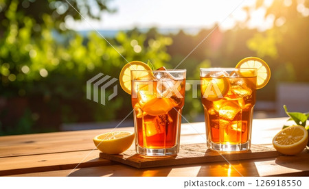 Cold lemonade and beer glasses on a wooden table offer refreshing summer beverages with citrus and ice Cold lemonade and beer glasses on a wooden table offer refreshing summer beverages with citrus and ice 126918550