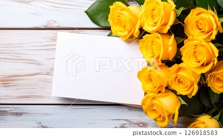 Blooming yellow tulips and red roses form a beautiful, natural bouquet, perfect for a heartfelt greeting or a blank valentine card 126918583