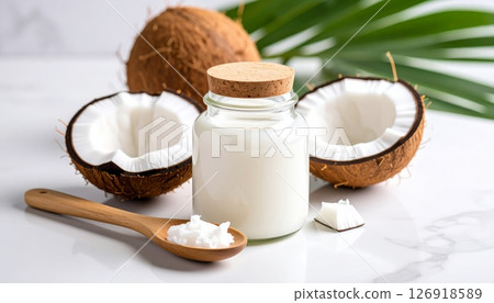 Tropical coco fruit yields fresh coconut milk and healthy coconut oil Tropical coco fruit yields fresh coconut milk and healthy coconut oil 126918589