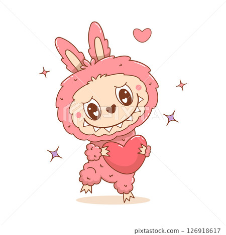 Cute Pink Monster Toy Labubu with Heart. Romantic Fluffy Cartoon Funny kawaii fantasy character. Vector illustration. Kids collection for stickers, merchandise, mascot, apparel and design Cute Pink Monster Toy Labubu with Heart. Romantic Fluffy Cartoon Funny kawaii fantasy character. Vector illustration. Kids collection for stickers, merchandise, mascot, apparel and design 126918617