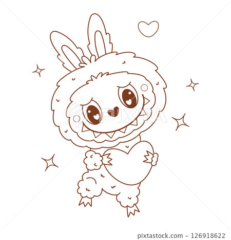 Outline Cute Monster Toy Labubu with Heart. Romantic Cartoon Funny kawaii fantasy character. Line drawing, coloring book. Vector illustration. Kids collection 126918622