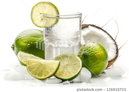 Refreshing tropical coconut water with fresh lime isolated on white background 126918733