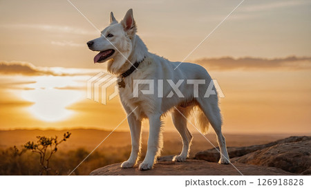 Majestic white dog stands proudly on rock during sunset in the countryside 126918828