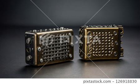Unique metal mechanical components displayed on a dark surface highlighting design and texture with dramatic lighting 126918830