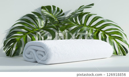 White towel resting on surface with tropical monstera plant leaves 126918856