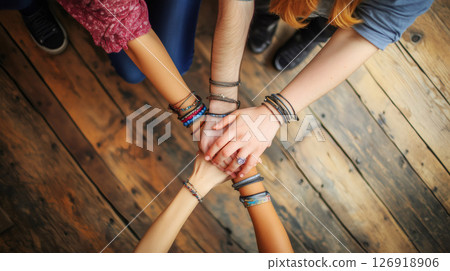 Group of friends showing their unity by joining hands together Group of friends showing their unity by joining hands together 126918906