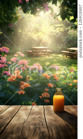 Refreshing orange juice on wooden table in blooming garden 126918907