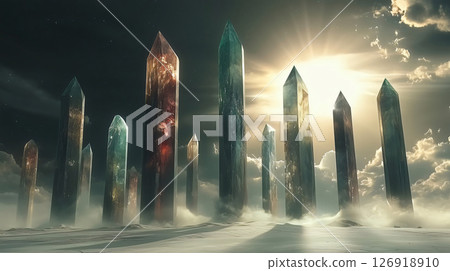 Colorful crystal obelisks emerging from snowy desert landscape at sunset 126918910