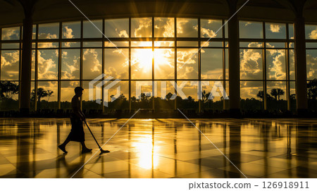 Janitor cleaning airport floor at sunset with sun shining through large windows 126918911