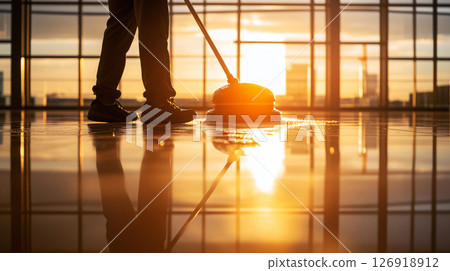 Janitor cleaning floor with machine at sunset in modern building 126918912
