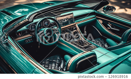 Luxurious teal convertible car interior with modern dashboard and leather seats Luxurious teal convertible car interior with modern dashboard and leather seats 126918916