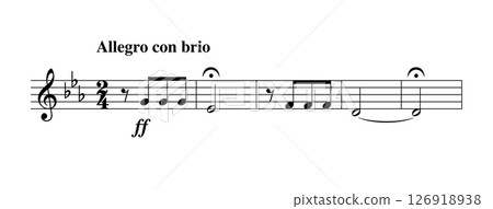 Opening of the Fate Symphony, composed by Ludwig van Beethoven. First notes of Symphony No. 5 in C minor, one of the best-known compositions in classical music, and most frequently played symphonies. 126918938