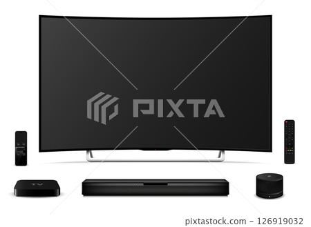 Realistic curved tv screen, remote control, sound bar, tv set-top box and smart speaker 126919032