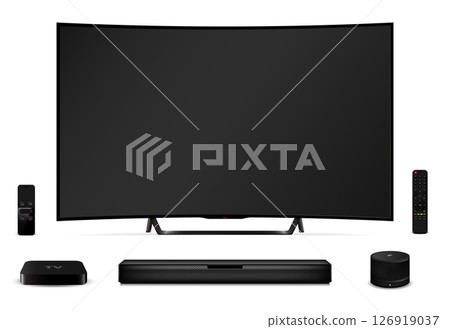 Realistic curved tv screen, remote control, soundbar 126919037