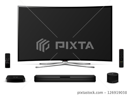 Curved TV screen, remote control, soundbar and other television equipment 126919038