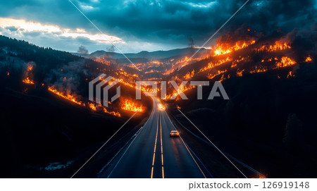 Highway with burning forest and mountains on the sides 126919148