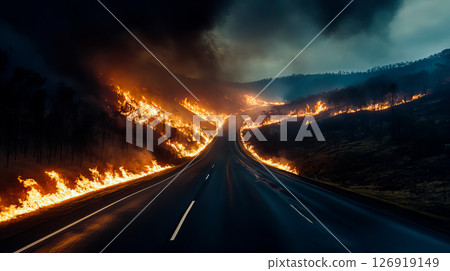 Highway with burning forest and mountains on the sides 126919149