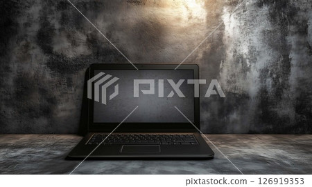 Black laptop showing blank screen on desk against grunge wall with dramatic light 126919353