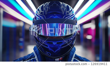 Racing driver wearing helmet with reflective visor in neon lit environment 126919411