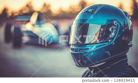 Racing driver wearing helmet with race car in the background 126919413