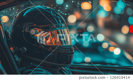 Race car driver wearing helmet and sitting in car at night 126919414