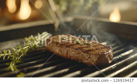 Juicy grilled steak with thyme grilling on hot barbecue grill 126919417
