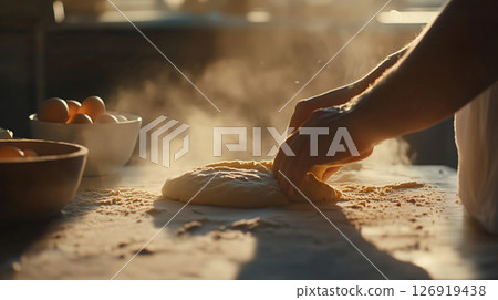 Baker kneading dough on floured table in warm sunlight at bakery 126919438
