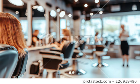 Woman sitting in barber chair waiting in busy barbershop 126919486