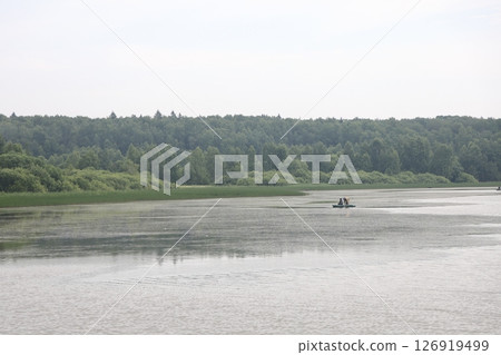 panoramic lake landscape. Nature view on beautiful lake with green trees.. panoramic lake landscape. Nature view on beautiful lake with green trees.. 126919499