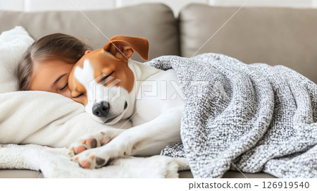 Cute jack russel dog sleeping with girl on sofa 126919540