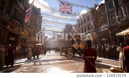 Royal family waving during public celebration in victorian london 126919574