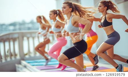Group of fit women running on spot during an outdoor fitness class 126919579