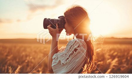 Young woman photographer taking pictures at sunset in a wheat field 126919604