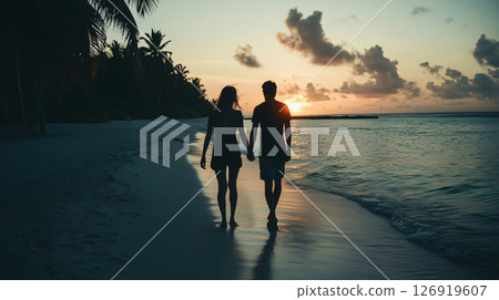 Romantic couple walking on the beach at sunset 126919607
