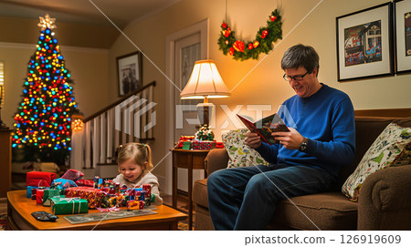 Father reading christmas story to daughter in decorated living room 126919609